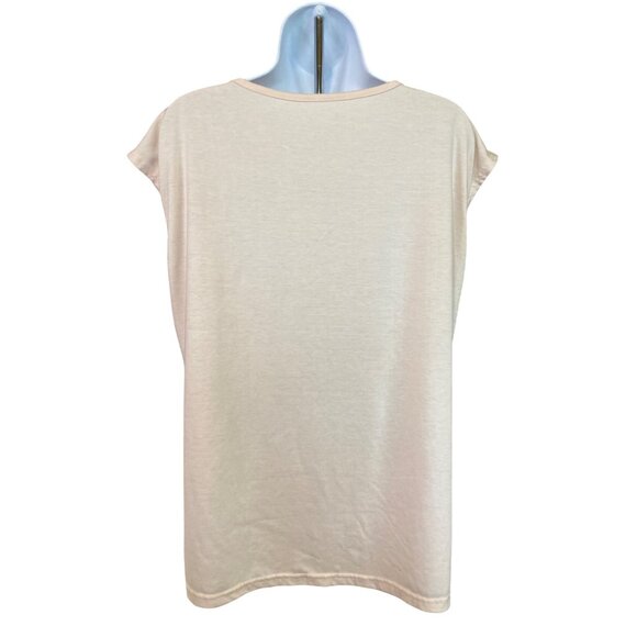 Womens T-Shirt L Floral Print Beige Cap Sleeve V-Neck Lagenlook Cottagecore - Picture 2 of 6